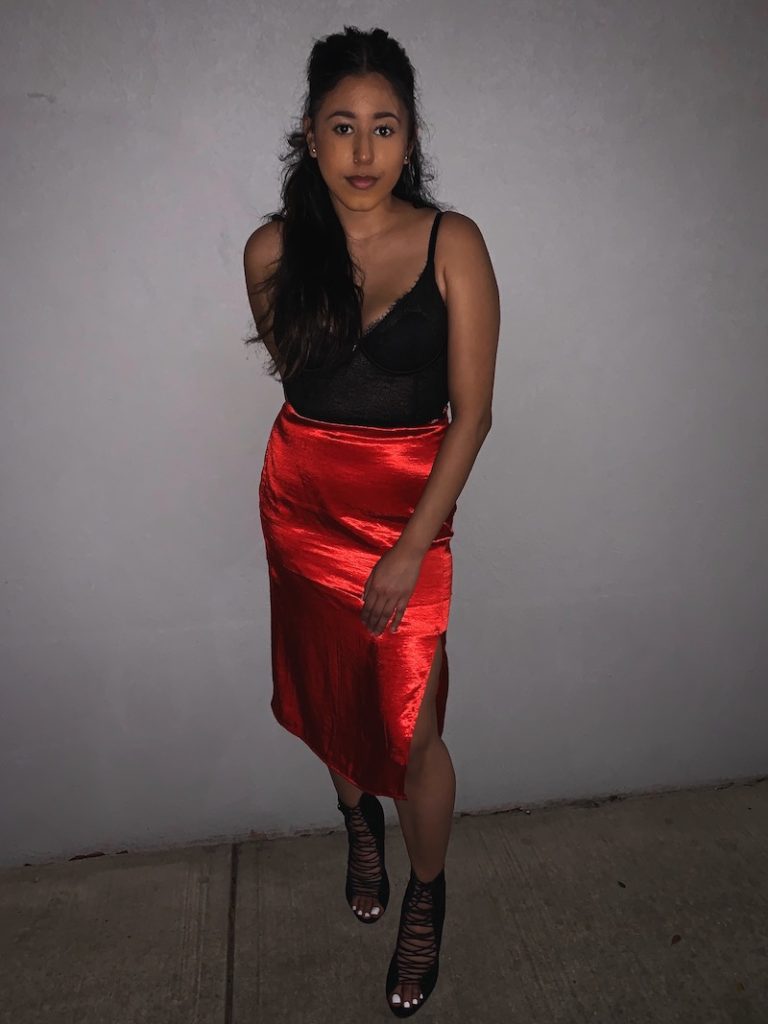 red satin skirt outfit