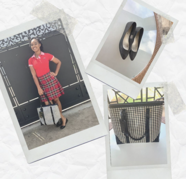 My #OOTD:  Red Polo Neck, Kilt, Checkered Bag & Black Ballet Flats