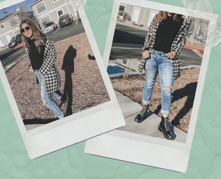My Thursday #OOTD: Black Turtleneck, Boyfriend Jeans, Combat Boots & Houndstooth Coat