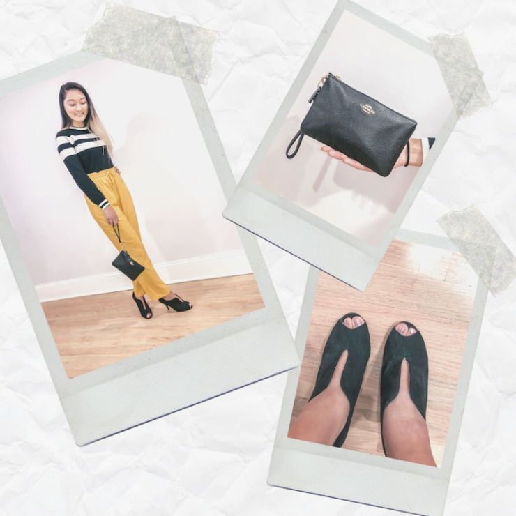 My Thursday #OOTD: Striped Sweater, High Waist Pants, Suede Heels & Leather Wristlet