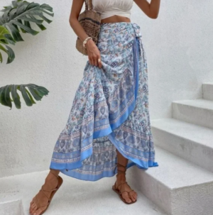 Boho Blue Floral Print Ruffle WRAP Maxi Skirt