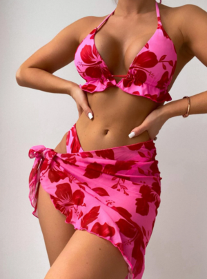 Shein Floral Print Bikini Set & Beach Skirt 3 Piece Bathing